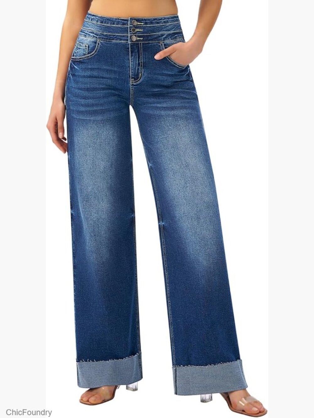 High Waisted Stretchy Wide Leg Cuffed Baggy Jeans